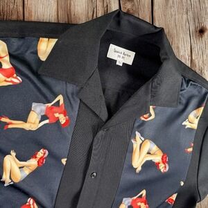 Spanish Harlem Shirt‎ Men L Pin-Up Girls 50s Hot Rod Y2K Camp Moto Black Panel